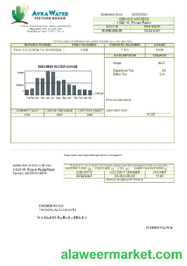 USA Arizona Avra Water business utility bill template in Word and PDF formats
